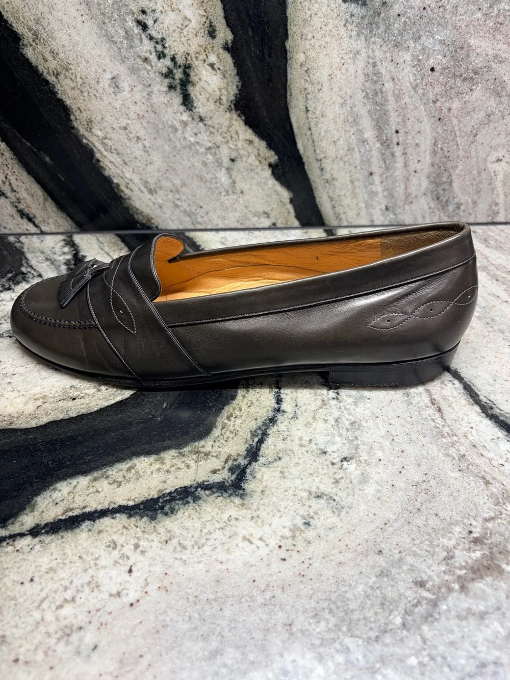 Testoni Tassel Loafers Gray Olive Leather Italy Men’s 9.5 D Handmade